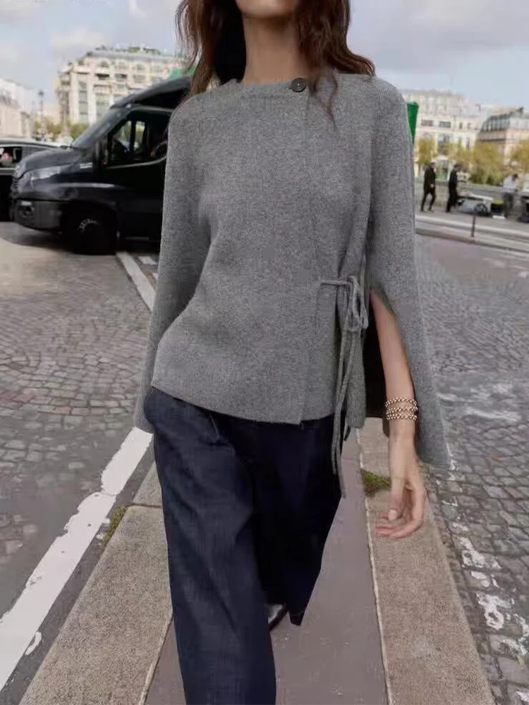 

Европейский и американский стиль 2025, зимние новые поступления, дизайн женской одежды, модное вязаное пальто с разрезными рукавами, куртка