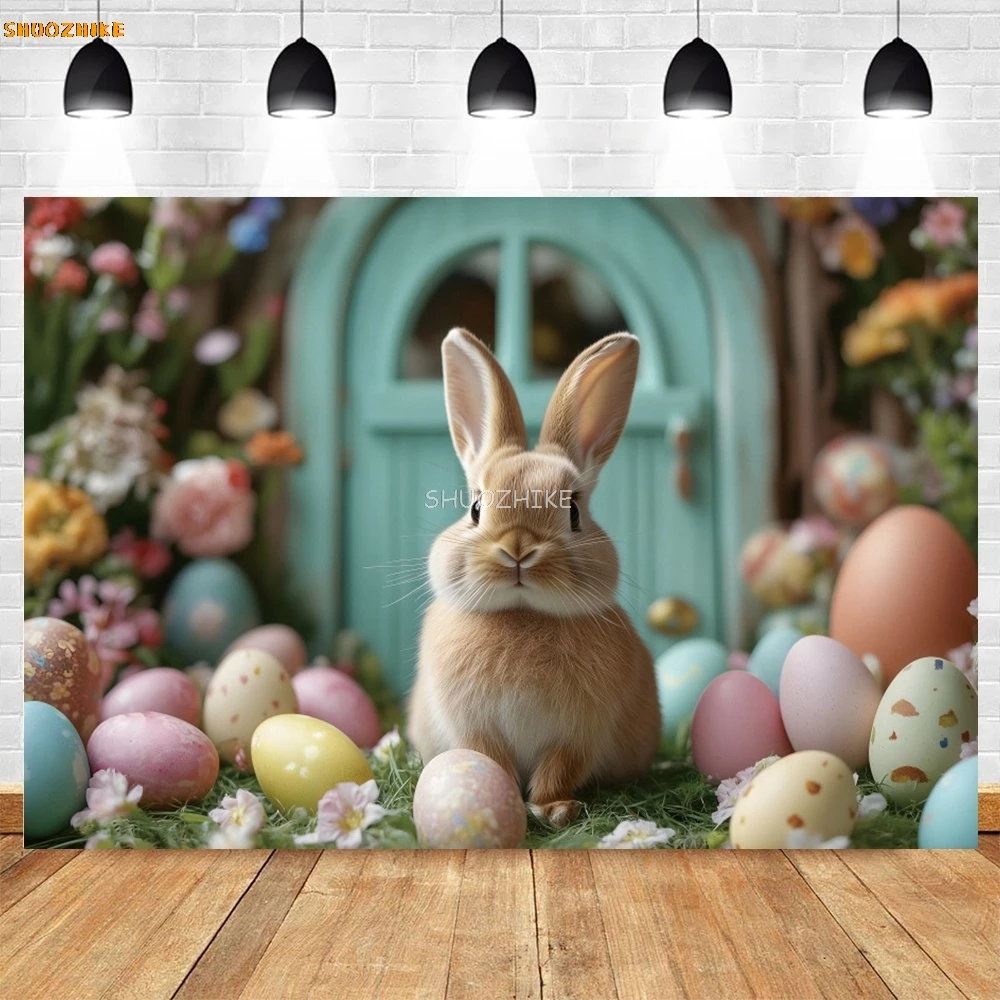Happy Easter Rabbit Backdrop Spring Flowers Easter Eggs Birthday Party Decor Kids Portrait Photography Background Photobooth