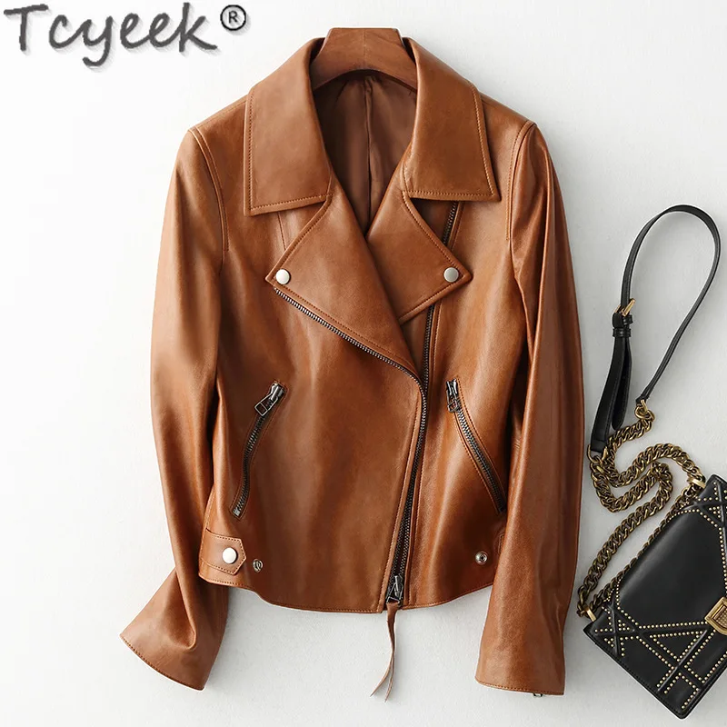 Tcyeek Veste en cuir véritable pour femme, manteau en peau de mouton véritable, Streetwear, vestes de moto, vêtements d'automne, 2024