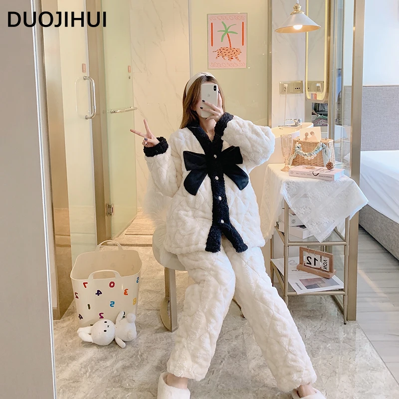 DUOJIHUI Winter Thick Warm Fashion Bow Female Pajamas Set Basic V-neck Cardigan Loose Pant Casual Sweet Pajamas for Women M-XXL