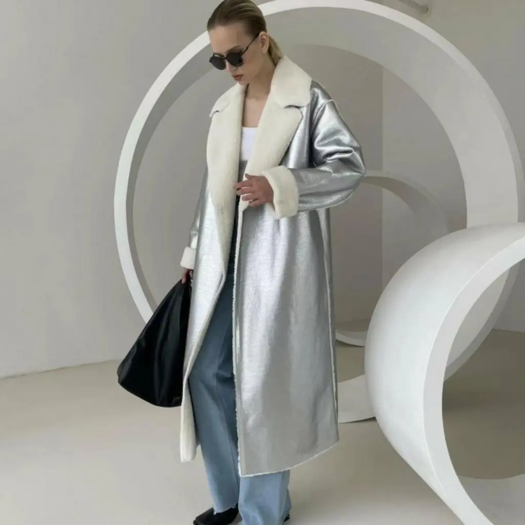 

Женское модное фланелевое зимнее пальто в европейском и американском стиле, теплое тонкое длинное пальто из искусственной кожи, новый стиль