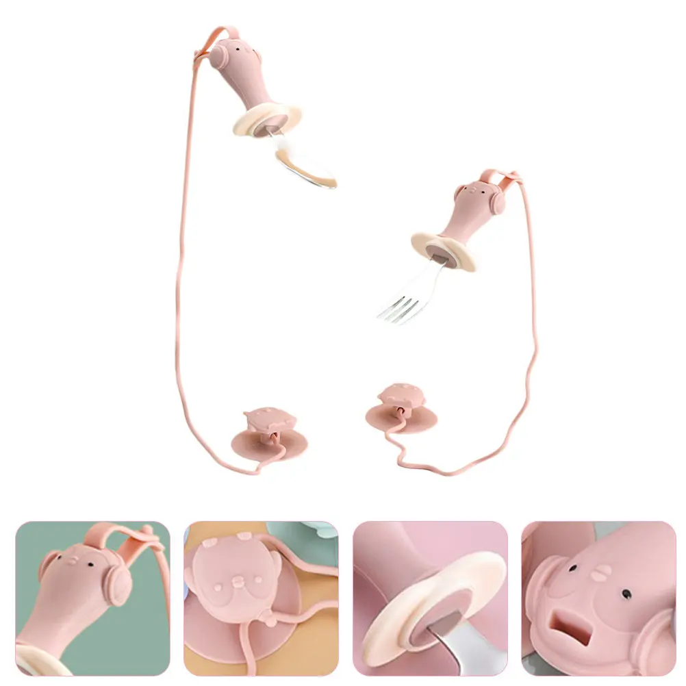 

1Set Toddler Fork and Spoon Set Stainless Steel Baby Spoons and Forks Anti Drop Chain Suction Base for Feeding Meals