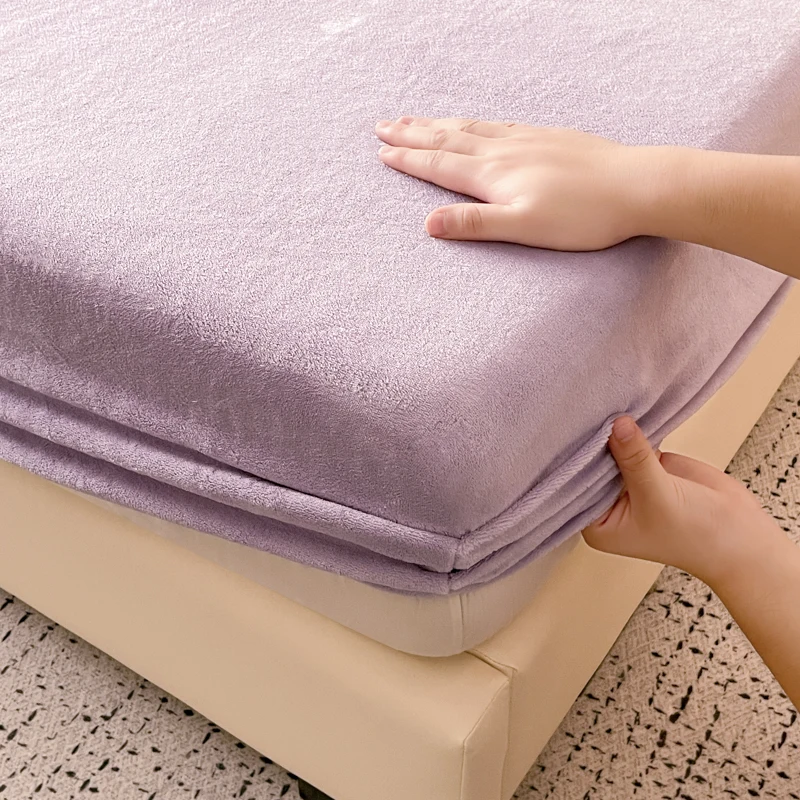 3pcs Purple Flannel Fitted Sheet Solid Color Bedding Set Winter Warm Plush Bed Sheet Set Home Bedroom Decor Deep Pocket Sheet