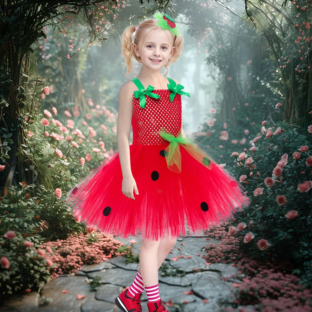 Niedliches Baby-Ballett-Tutu, Erdbeer-Spitzen-Prinzessinnenkleid, Kinder-Geburtstagskostüm, Rollenspiel-Wassermelonen-Weihnachtskleid, Geschenk – Detail 3