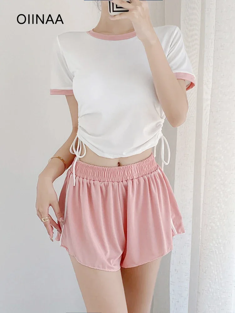 

OIINAA Swimwear Women O Neck Short Sleeve Drawstring Split Swimsuit High Waisted Beach Shorts Summer 2025 New Korean Bikini Set