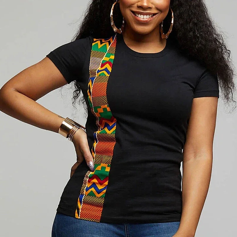 African Clothes Women Tops O Neck Short Sleeve Tee Shirt Summer New Fashion Dashiki Print Patchwork Casual African T Shirt Tunic