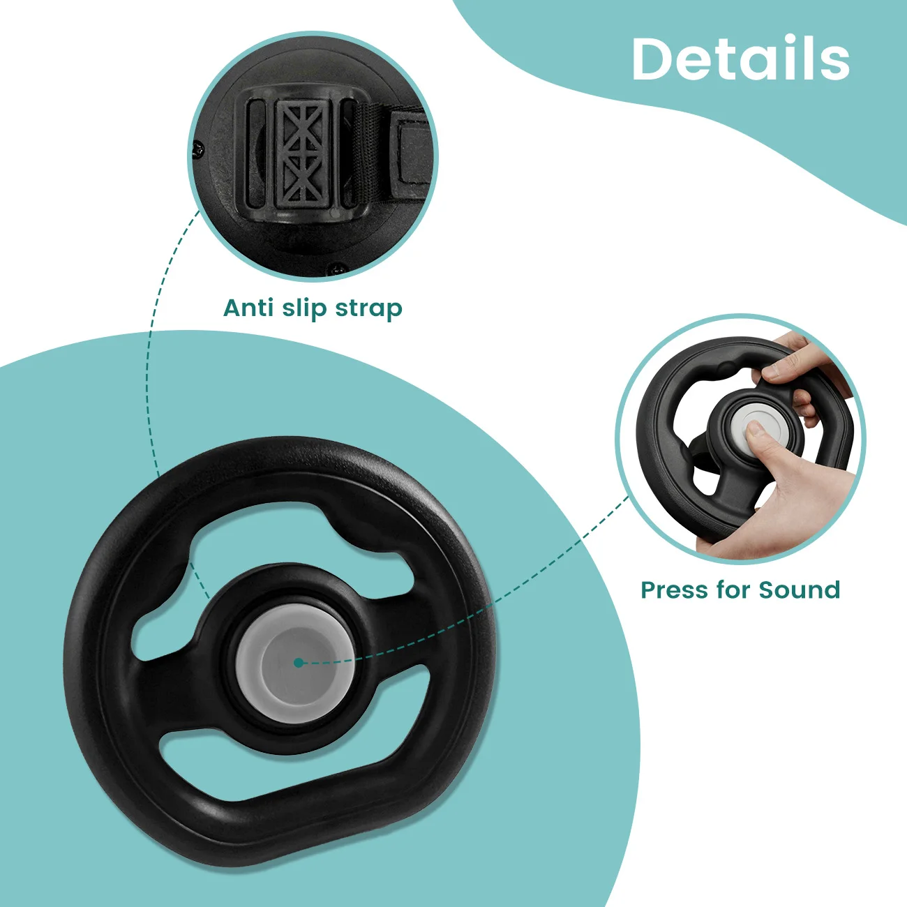 Simulated steering wheel engages toddlers outdoors. Equipped  blanket clips to secure bags and stroller blankets.