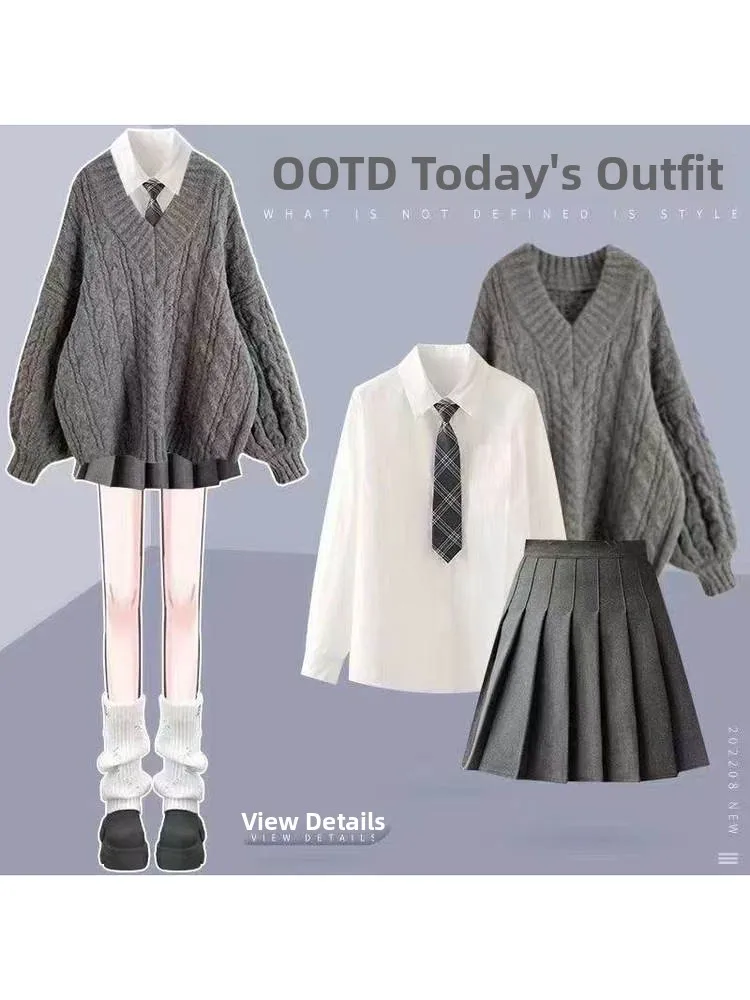 

Autumn Winter Knitted Sweater Set Gentle Elegance Skirt Korean Drama Sle Tee Piece Set Long Sve Ne Polyester Fiber