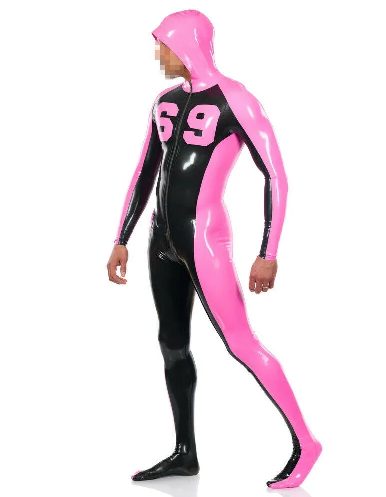 

Rubber Club Latex Catsuit Gummi Cosplay Rosa Schwarz Mit Kapuze Bodysuit 0,4mm