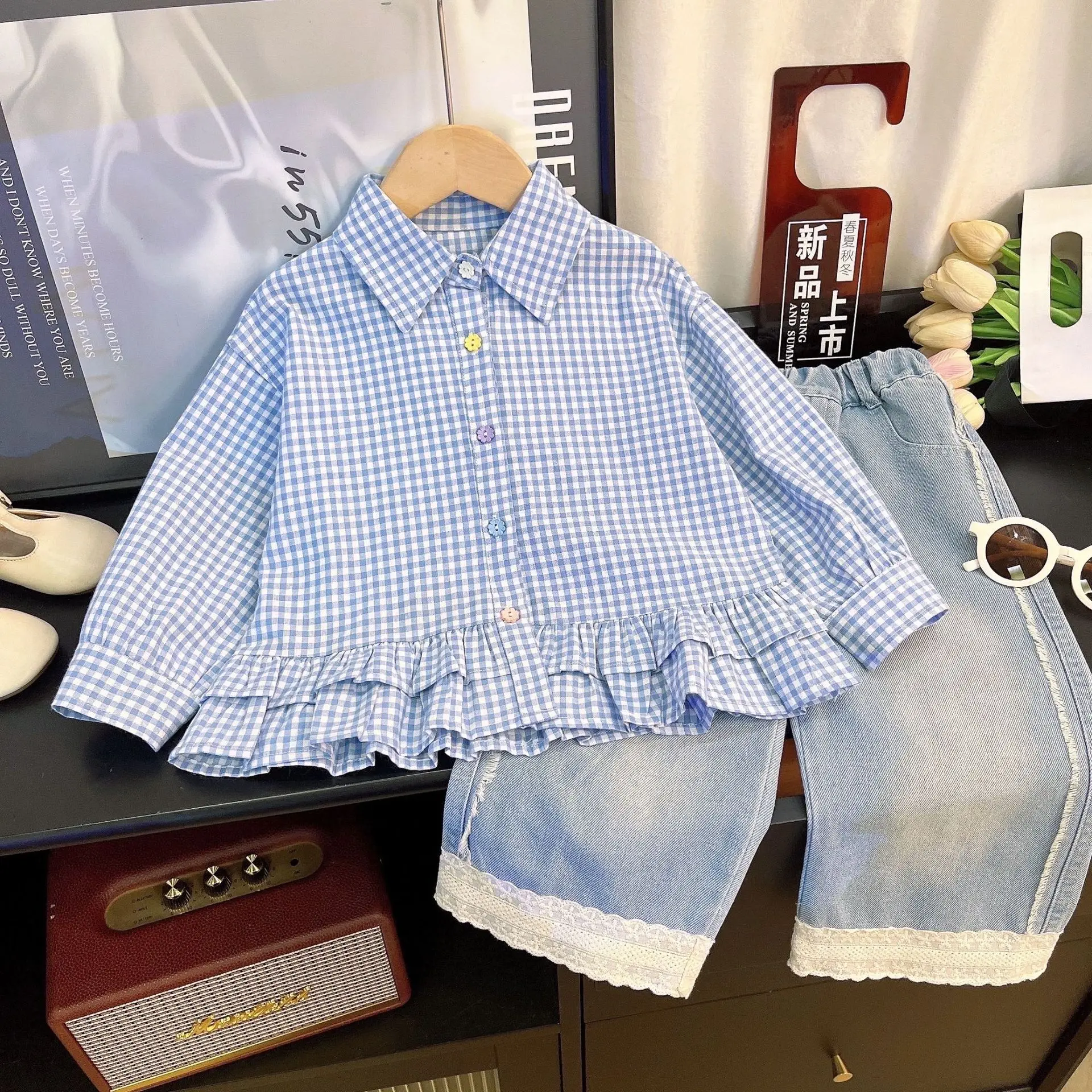 Girls' 2026 Spring and Summer New Fashion Foreign Plaid Shirt Lace Denim Trousers Two-piece Set Female Treasure Cute Set
