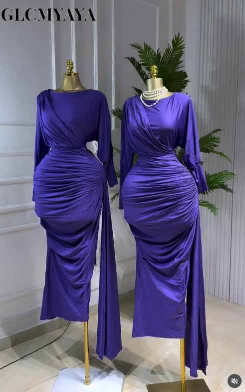 CM.YAYA المرأة كم كامل Ruched مكدسة Bodycon الشريط فستان طويل الخريف مساء عيد ميلاد عطلة فساتين مثيرة