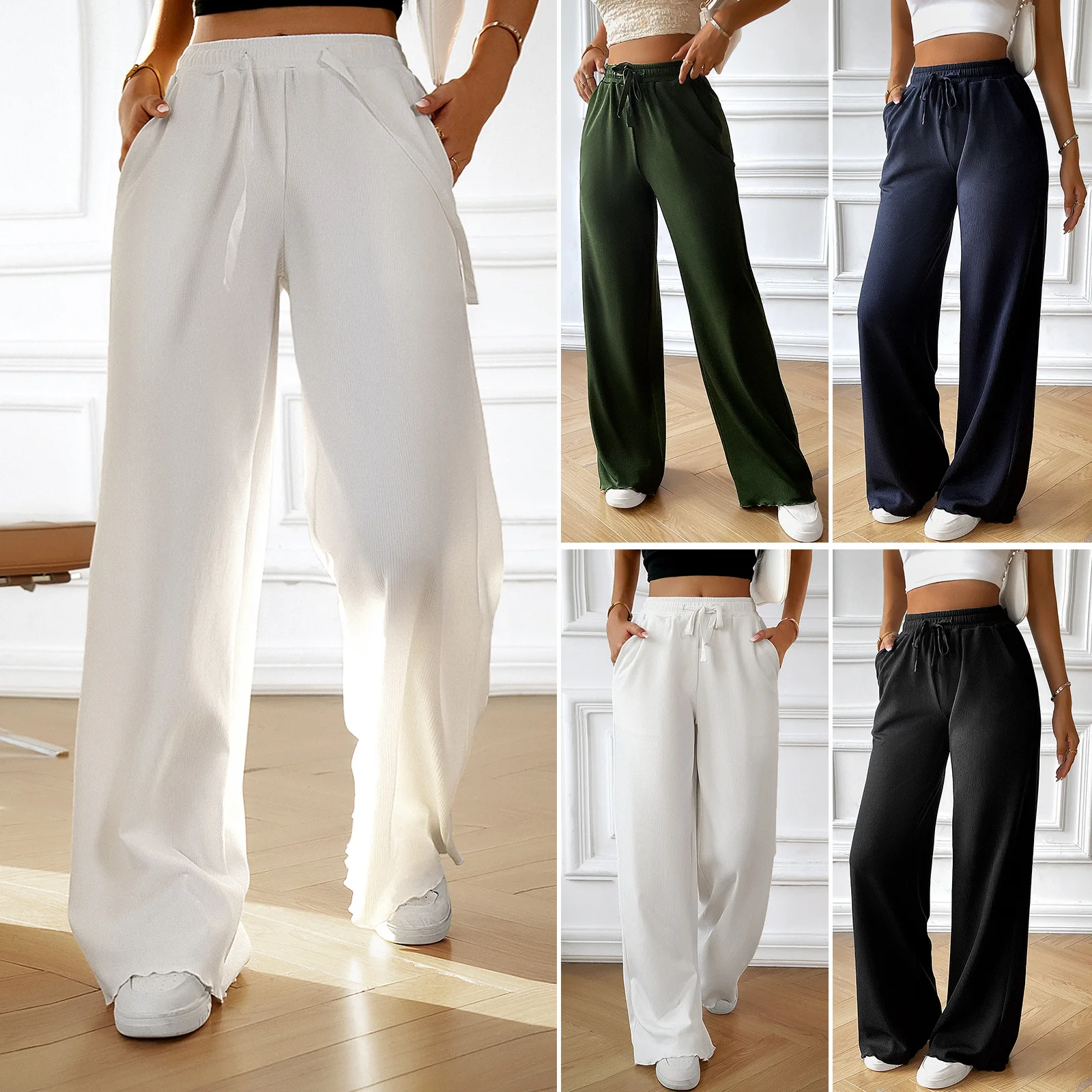 

Office Lady White Trousers Autumn Winter Women Wide Leg Pants with Pocket Elastic Waist Commuter Streetwear Girls Elegant Bottom