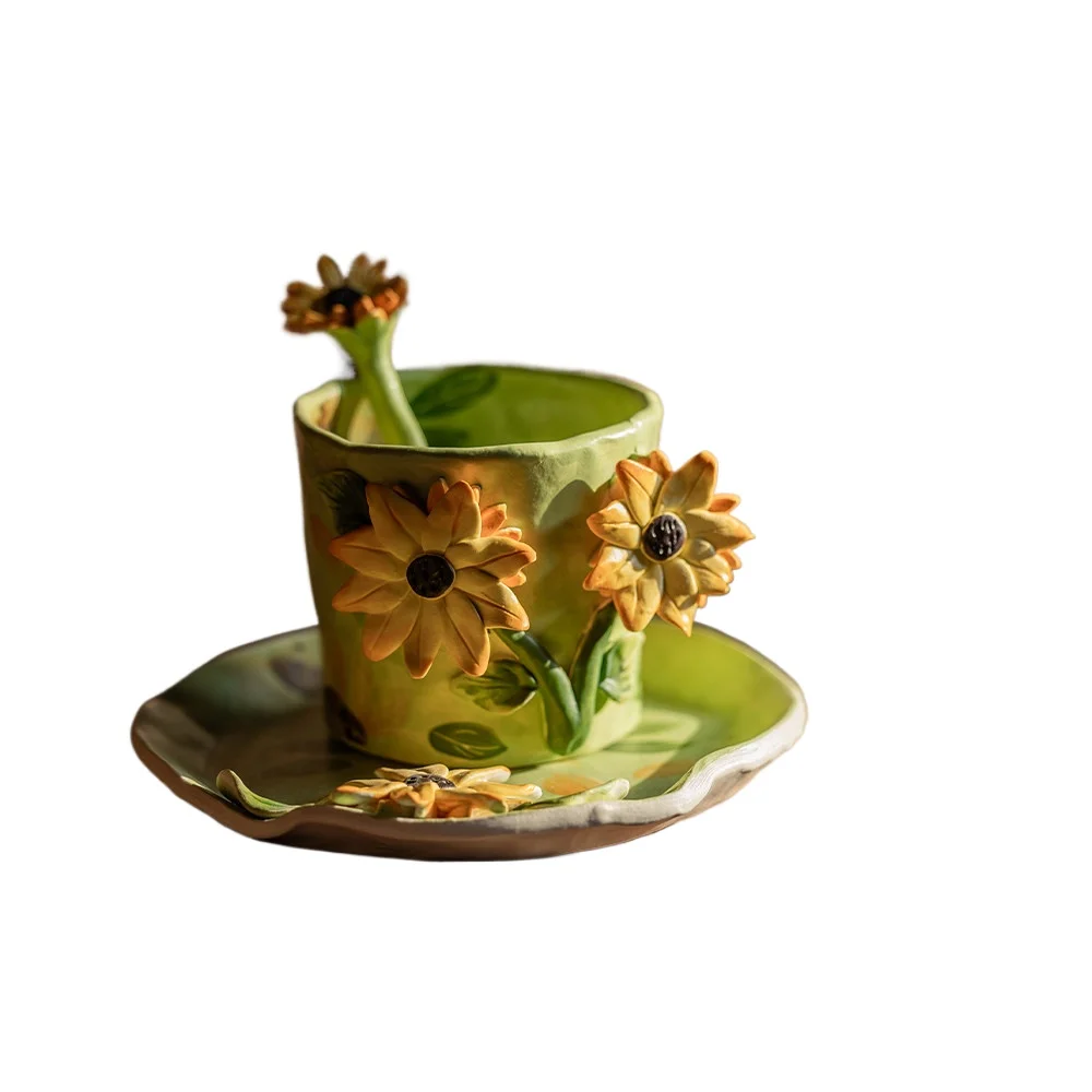 Creative Idyllic Sunflower Hand-squeezed Ceramic Mug with Saucer Set Personalized Retro Three-dimensional Flower Coffee Cup