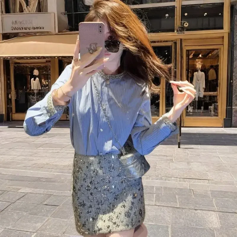 

Spring New Versatile Loose Elegant Blouses Sequin Luxurious Blue Beaded Shirt