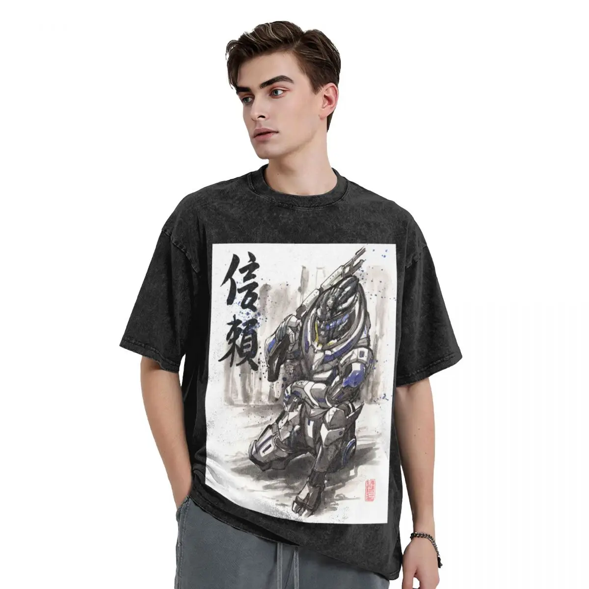 

Mass Effect Garrus Sumie style with Japanese Calligraphy T-Shirt plain graphic shirts t shirts men
