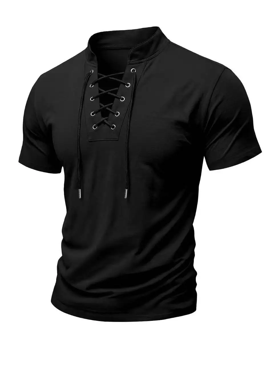 Short-Sleeved T-Shirt 2026 Summer New Men's Lace-Up Casual Fashion Solid Color Versatile Running Sports Top