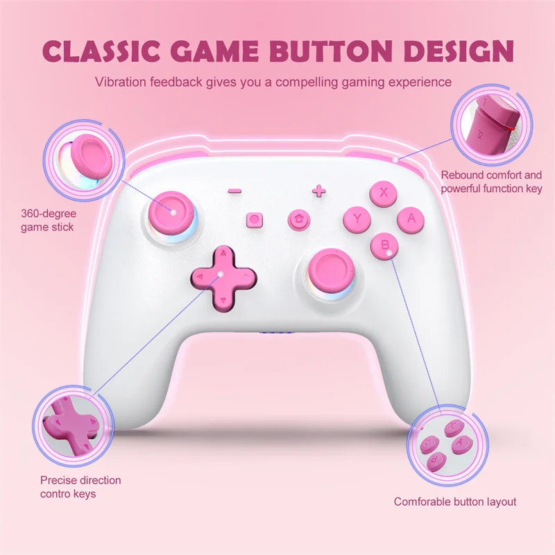 Imagem -02 - sem Fio para Switch Controller Rosa para Nintendo Switch Pro Controller Led Joystick Wake-up Função Ajustável Turbo Motion