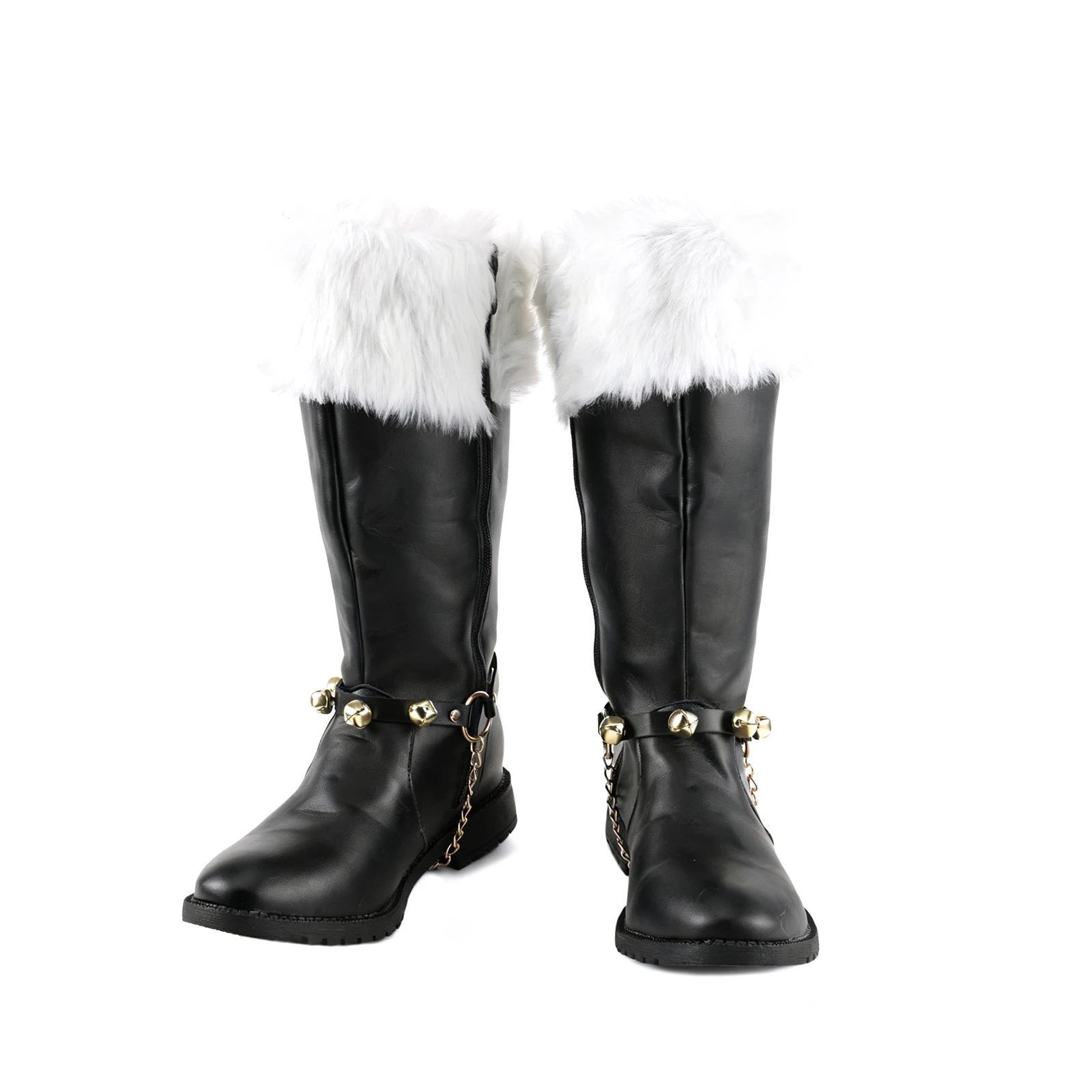 メンズ サンタ クリスマス ブーツ 新年 コスプレ レッド ブラック レザー シューズ ホワイト プラッシュ コスチューム 小道具