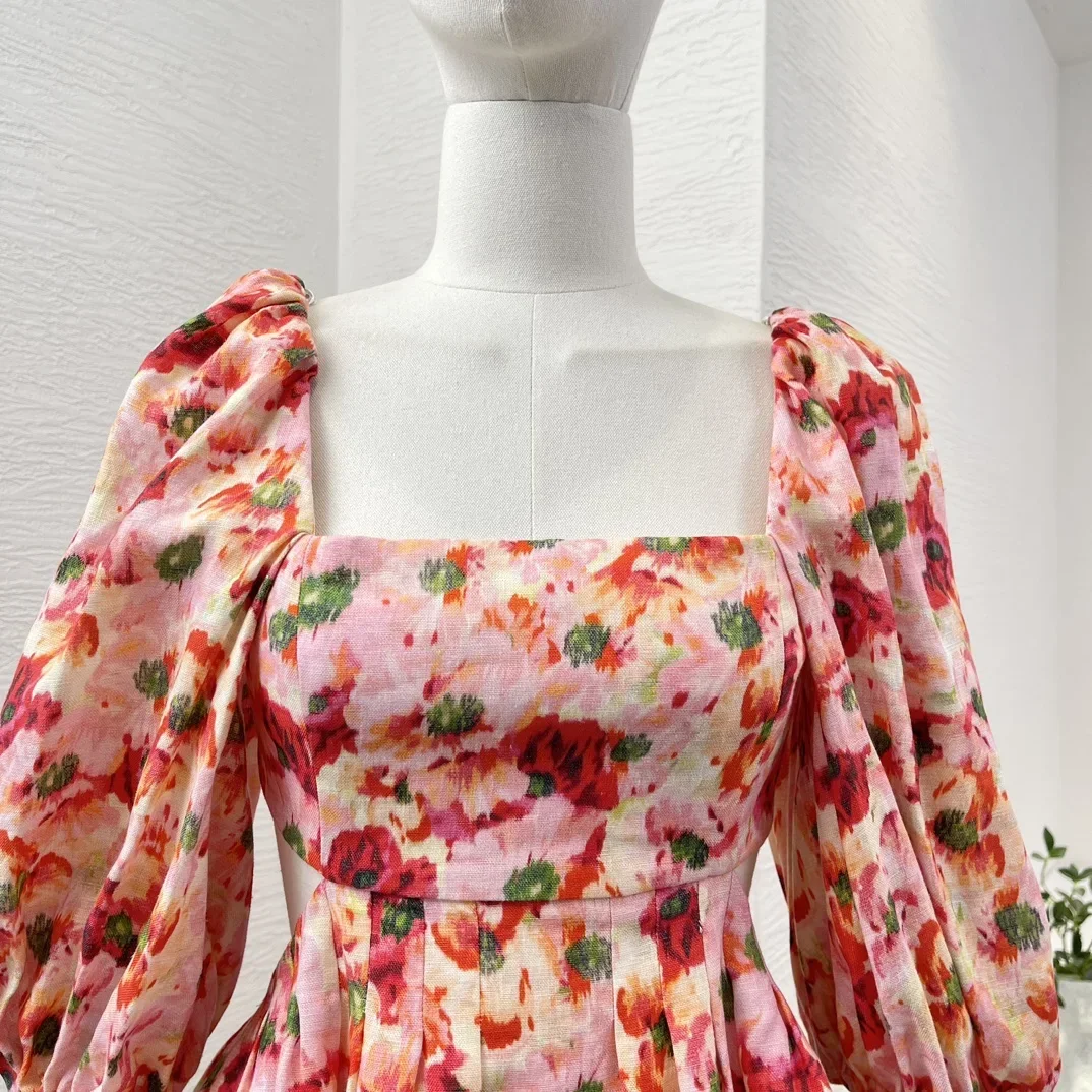 Minivestido de lino con estampado Floral rojo para mujer, minivestido de media manga con Espalda descubierta, cintura recortada, cuello cuadrado, alta calidad, 2025