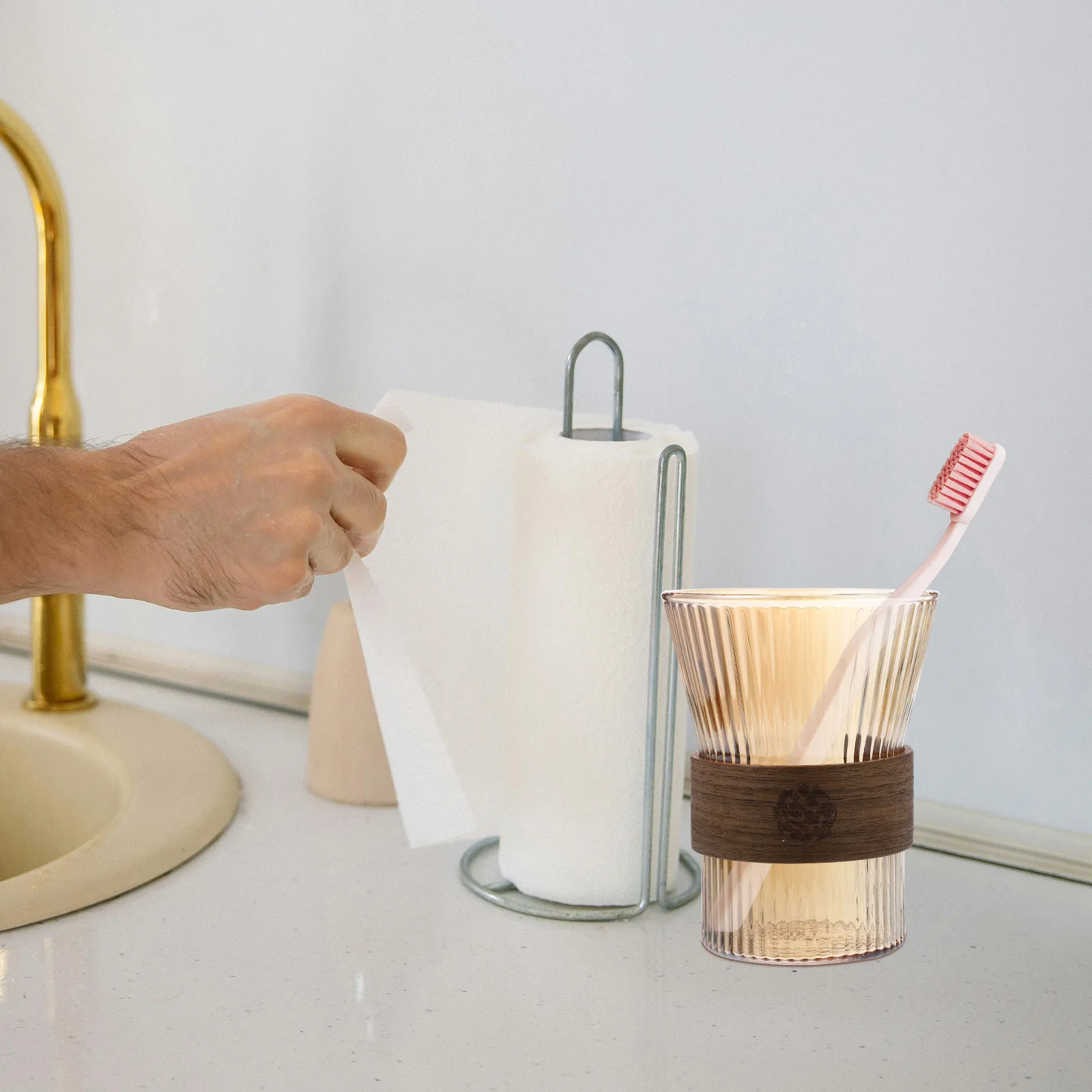 

Glass Mouthwash Cup Simple Wood Design Reusable Toothbrush Glasses Clear Transparent Bathroom Cup Multi-function Household Water