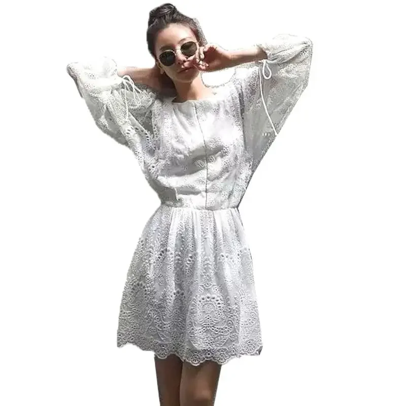 

Women Dress White Summer Long Sleeve White Embroidery Lace Knee-Length Dress Backless Cute Lace Short