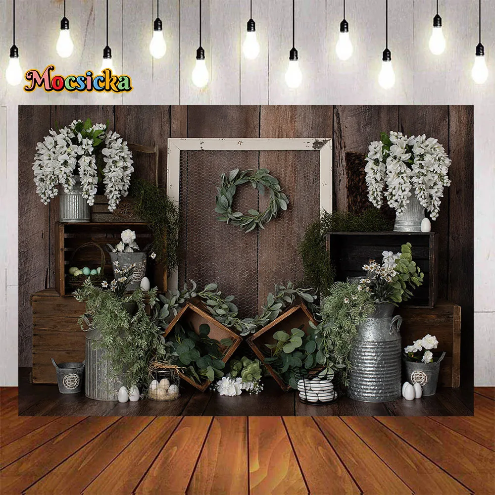 Spring Rustic Wooden House Interior Backdrop Garland Floral Green Leaves Background Photo Booth Kids Family Portrait Studio Prop