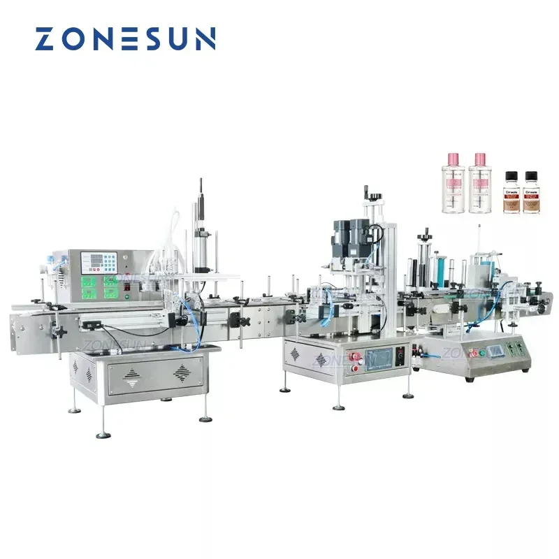ZONESUN Automatic Desktop Filling Capping And Round Bottle Labeling Machine Water Juice  Eye Drop 4 Heads Production Line