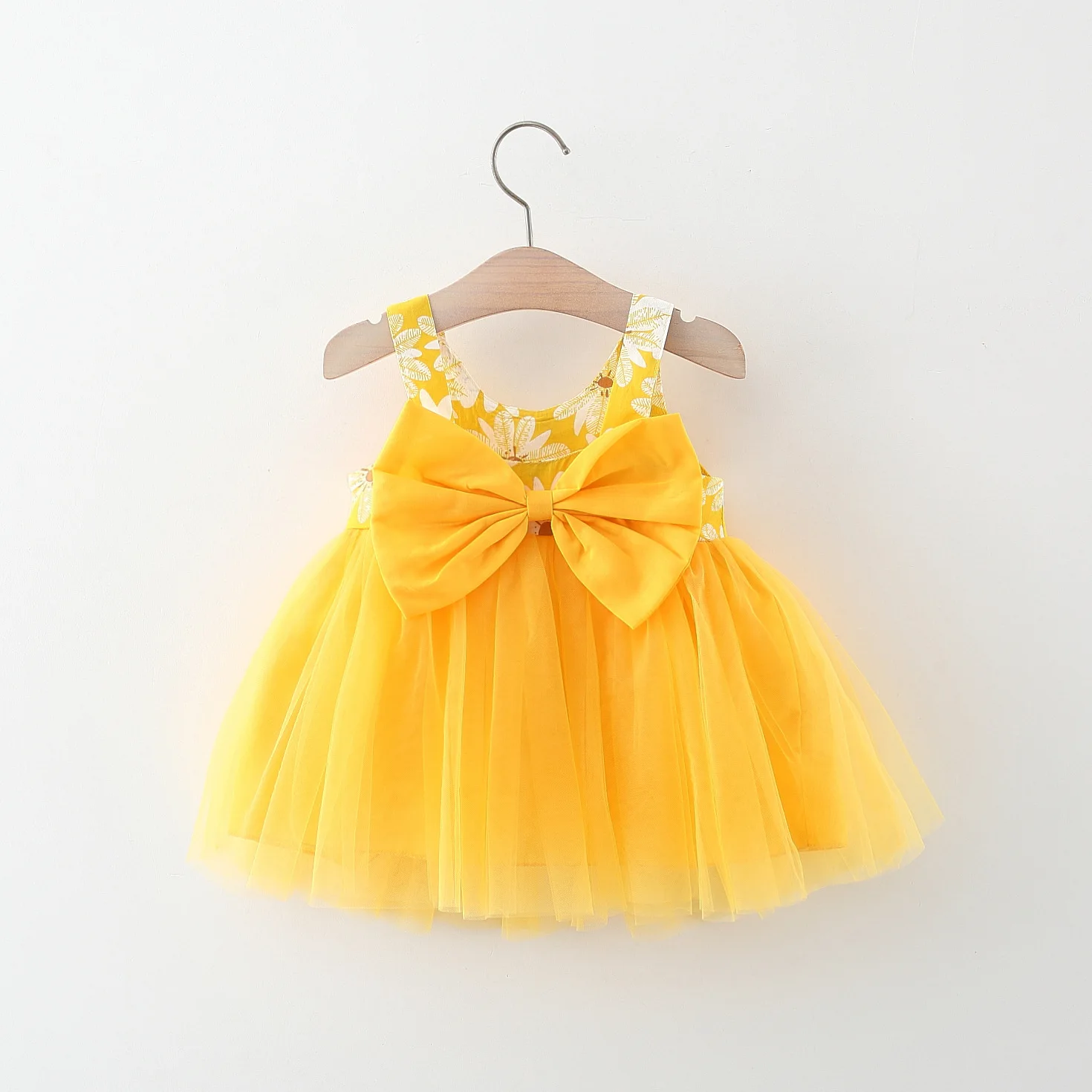 Summer girl baby dress newborn baby chrysanthemum print splicing mesh large bow sleeveless princess dress