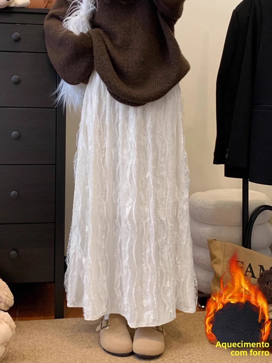 

plus Size Velvet A-Line Skirt Women's Autumn Winter White Lace Trim Fleece High Waist Draped G Girl's Skirt