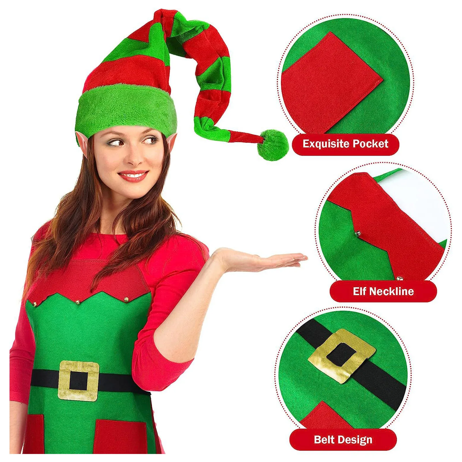 Christmas Elf Santa Claus Costume Womens Dress Xmas Party Cosplay Costume Elf Ears+Hat+Shoes Covers+Apron+Striped Stockings Sets