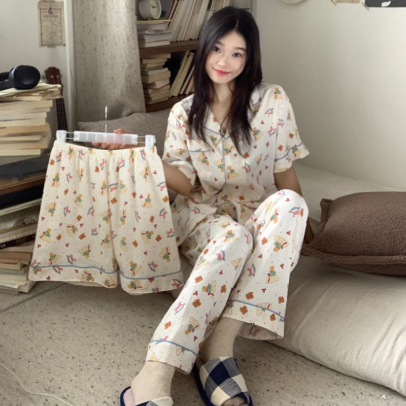 Sanrio Women's Pajamas and Pajamas New Three-Piece Set Short-Sleeved Cute Set Home Clothes Cartoon Thin Girl Clothing Gift