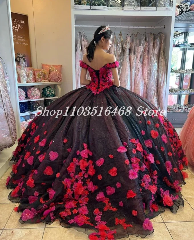 Quinceanera Princess Puffy Vestido, Espumante, Preto, Vermelho, 3D cravejado de flores, lantejoulas, frisado de cristal, 15 Anos