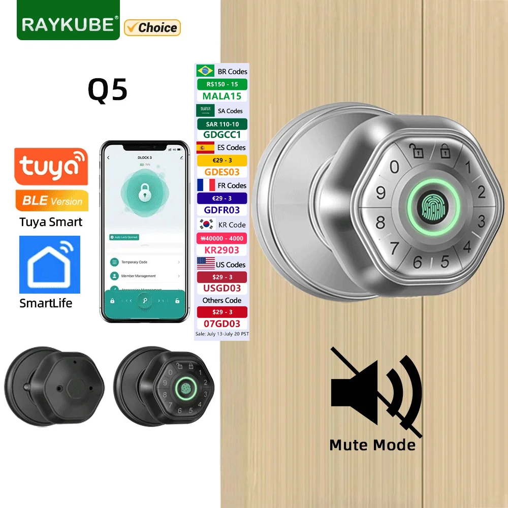 

RAYKUBE Q5 Tuya BLE Smart Fingerprint Door Lock Electronic Lock with Password/Key/Smartlife/Tuya APP Unlock For Bedroom