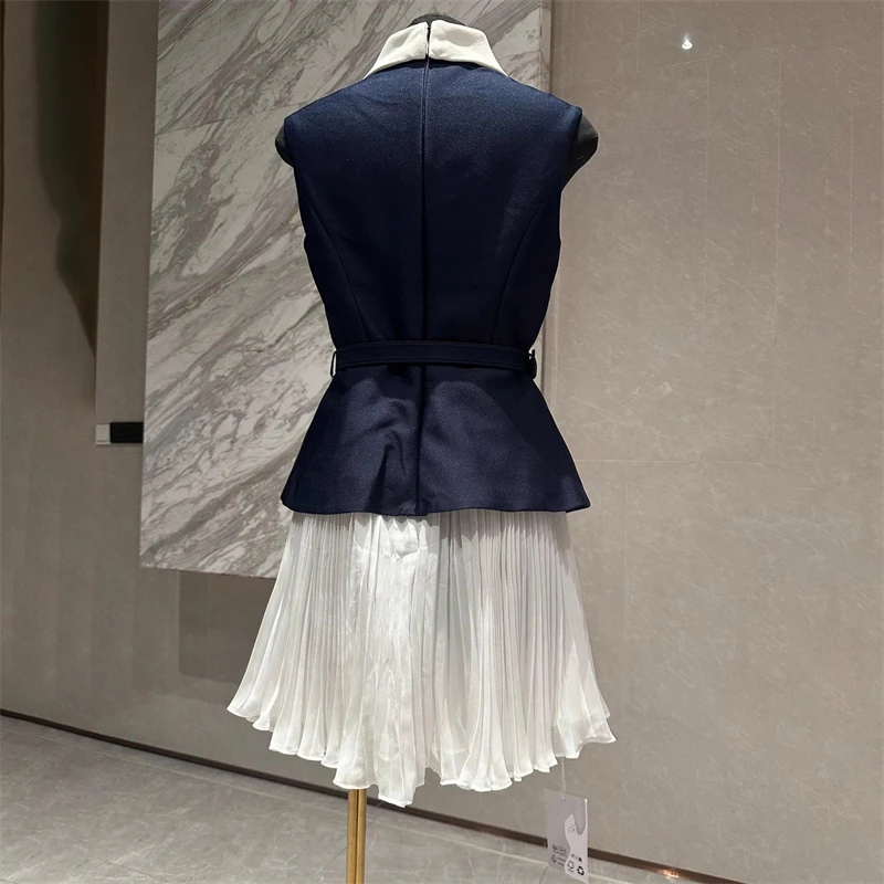Verão novo feminino azul branco gola sem mangas cintura cinched plissado chiffon mini vestido y2k saia de moda de alta qualidade