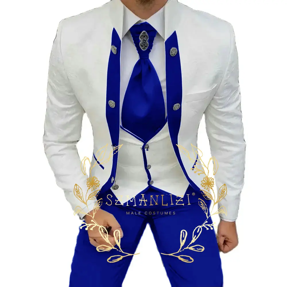 Fashion White Suits Men Formal Party Business Blazer Stand Collar Wedding Groom Tuxedo 3 Piece Jacket Vest Pants