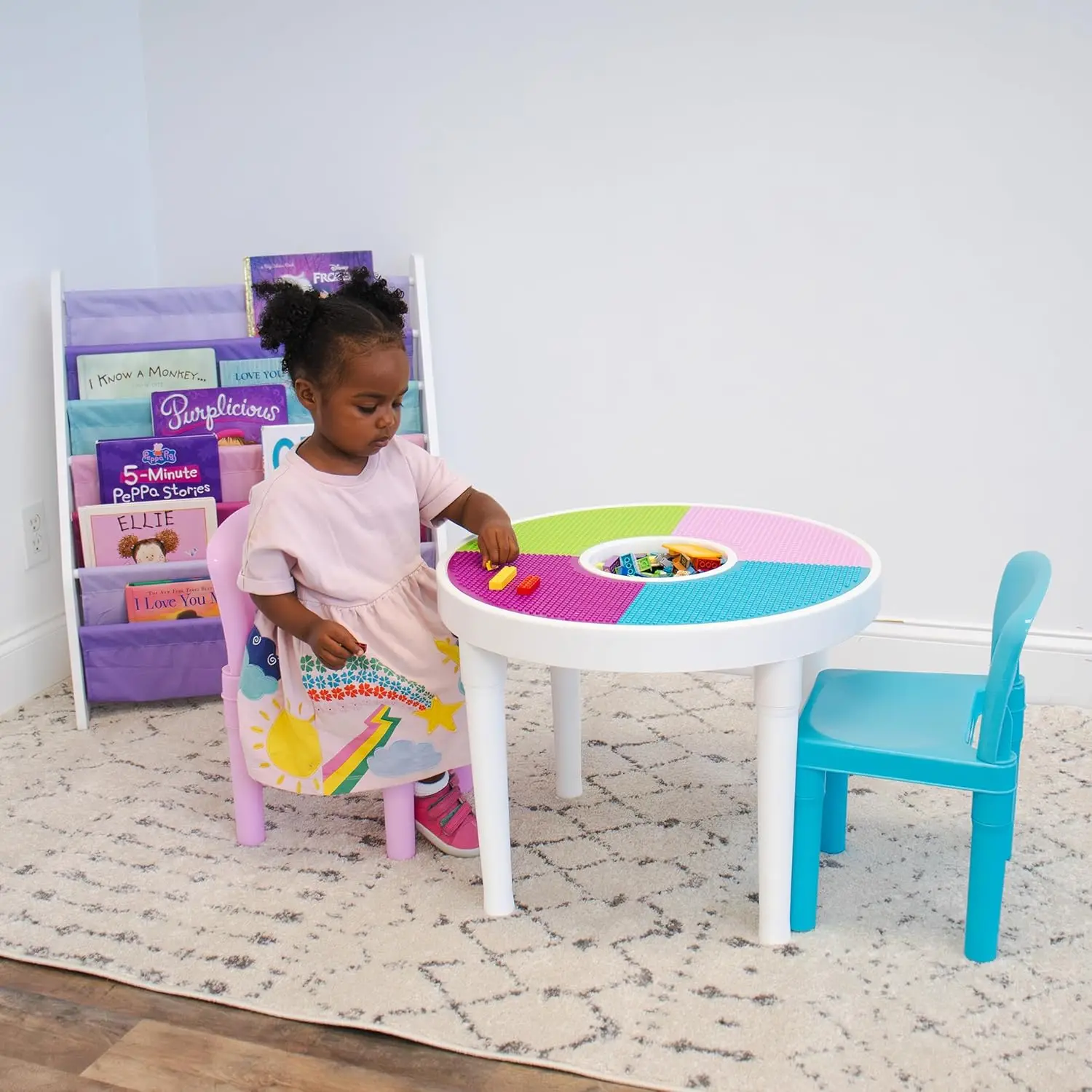 منظم رف كتب للأطفال مكون من 6 طبقات مع جيوب قماشية، شاشة أمامية لكتب الأطفال باللون الأبيض/الوردي/الأرجواني/أكوا #4