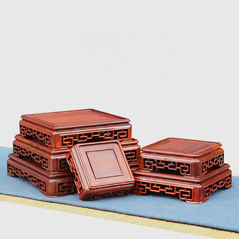 Square Redwood Carve Base Hollow Out Pedestal Nature Redwood Display Shelf Flower Stands Vase Tray Planter Pots