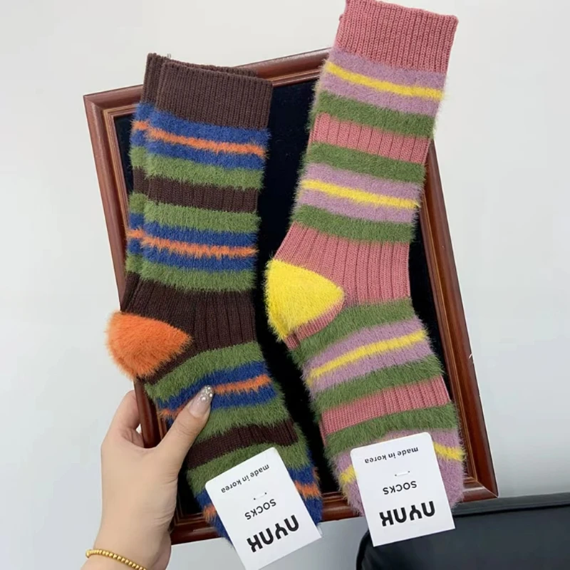 2pairs Colorful Mink Fleece Soft Socks for Women Winter Warm Thicken Coral Plush Socks Thermal Snow Home Sleep Floor Kawaii Sock