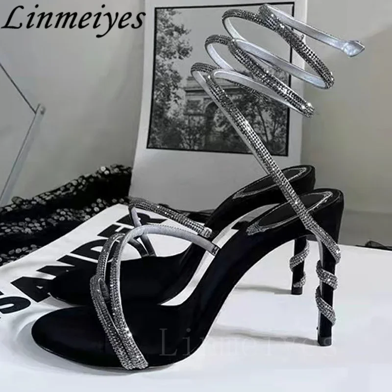 Designer High Heels Sandals Women Rhinestone Ankle Snake Twine Around Wedding Party Shoes Lady Summer Gladiator Sandals Woman