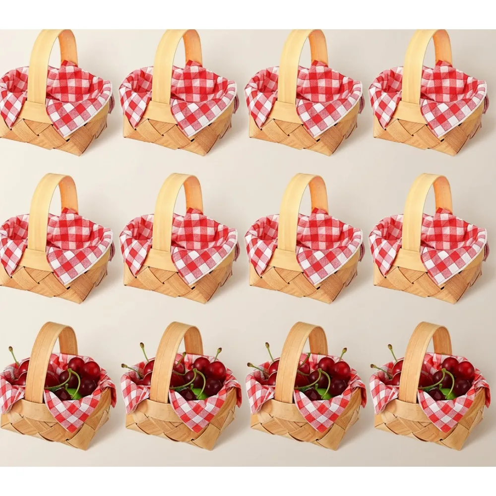 

24 Pcs Christmas Mini Woven Baskets with Handle & 30 Gingham Napkins for Holiday Party Decor Gift