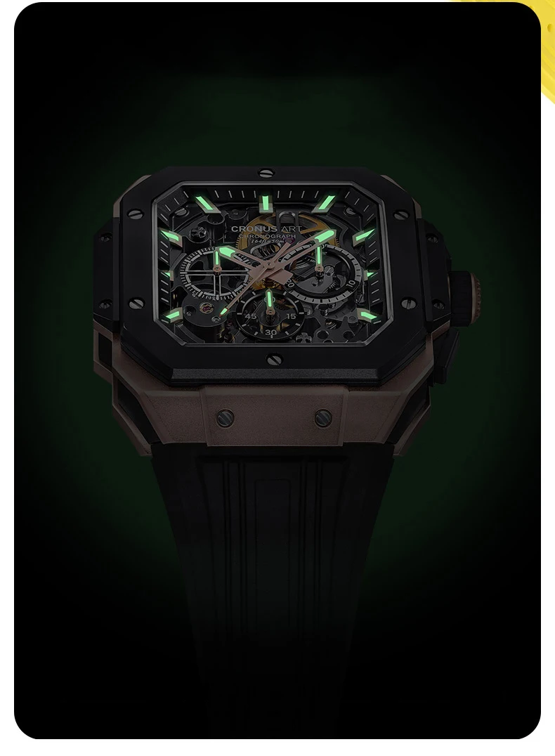 CRONUSART Мужские автоматические часы с хронографом 45 мм * 55 мм Квадратные механические наручные часы Корпус из углеродистой стали Светящийся ремешок из фторкаучука