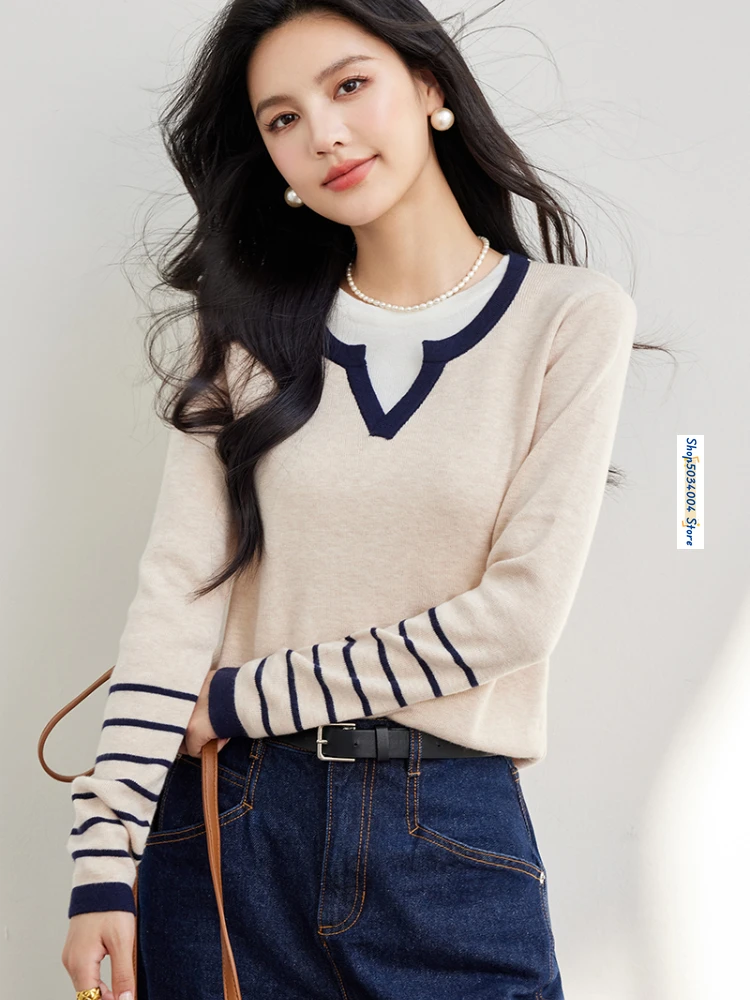 

Stripe Long Sleeve Spliced Apricot Sweater Women Knitted Pullovers Autumn Winter Elegant French Style Loose Bottom Tops B3403