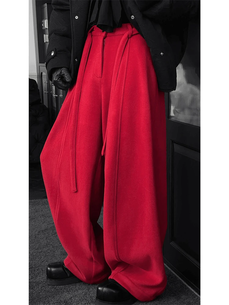 

Красные широкие брюки для мужчин: повседневные, свободные, струящиеся, с дизайнерскими вставками, прямые, осенне-зимняя новинка