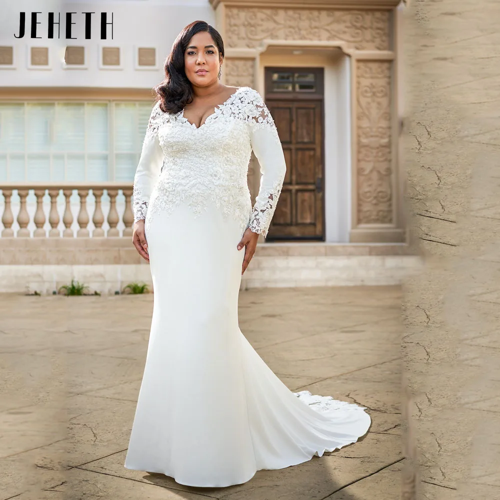 JEHETH Exquisite Vestidos de Noiva Para Noiva de Mangas Longas Ilusão Vestidos deJEHETH Exquisite Vestidos De Casamento Para Nupcial Mangas Compridas Ilusão Vestidos De Noiva Sereia Applique Plus Size vestidos de novia