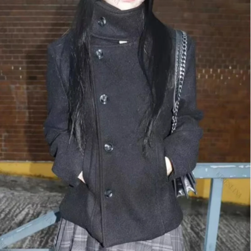 Harajuku Retro Unique Long Sleeves Coat Women's Retro Japanese Stand Collar Belted Jacket Long Loose Commute Pure Color Coat