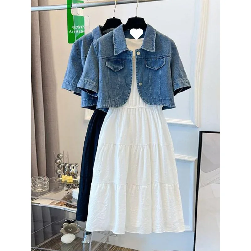 Vestidos Women's 2-Piece Outfit Denim Crop Jacket and Tiered Maxi Dress Set