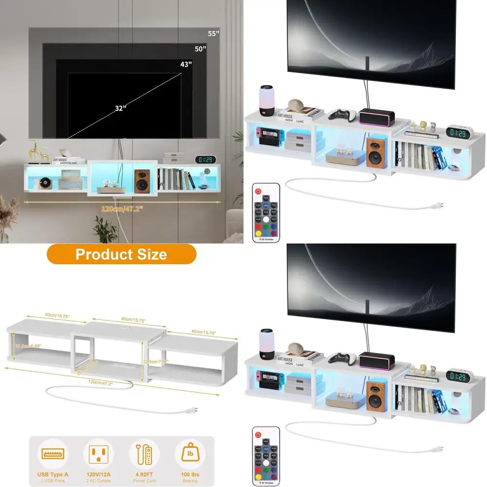

Настенная плавающая подставка для телевизора 47,2 дюйма со светодиодной подсветкой, современная деревянная полка для медиа с встроенными USB-портами и электрическим O