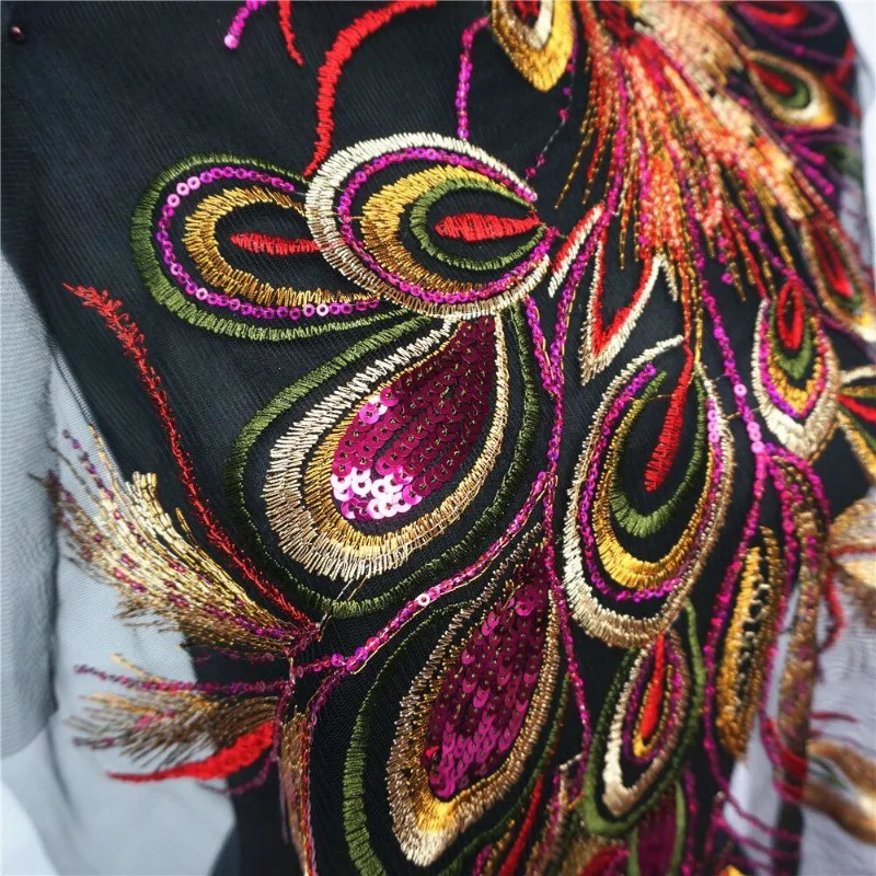 Red Blue Sequin Embroidered Phoenix Peacock Feather Black Mesh Wedding Gown Applique Lace Trim Sewing Patch Dress DIY