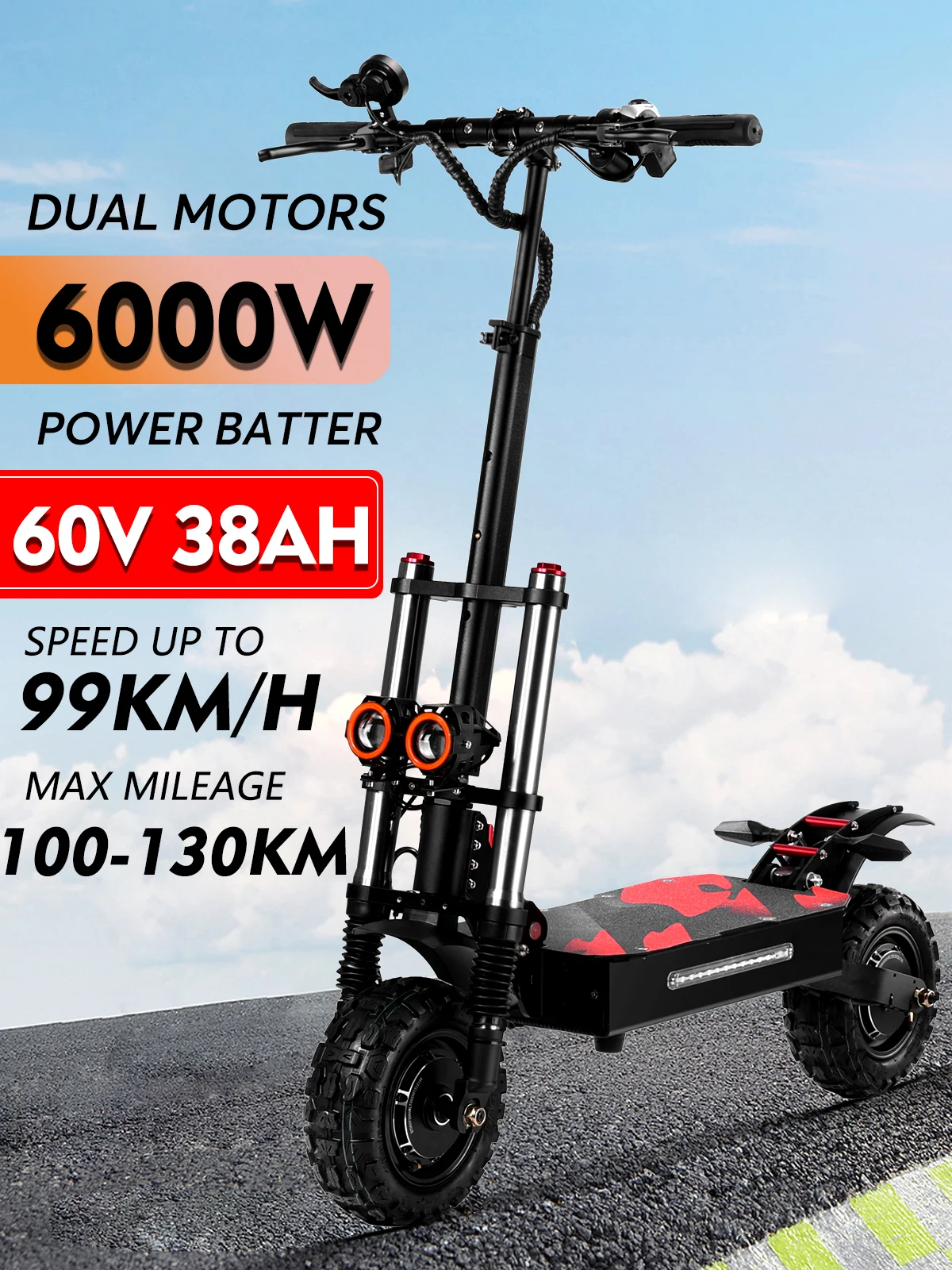 EU S3 6000W Dual Motor Powerful Electric Scooter 60V 38AH Battery 140KM Range 400kg Max Load Hydraulic Brake Fast  With Seat