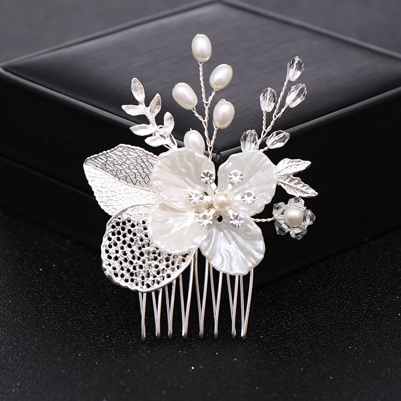 Gold Or Silver Pearl Flower Leaf Crystal Hair Comb Pin Band  For Women Bride Wedding Bridal Hair Accessories Jewelry Comb Gift image 5
